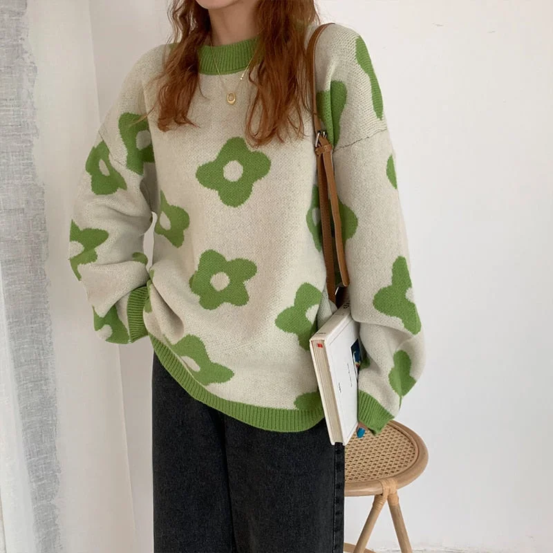 Women Knitted Sweater Winter Flower Pullovers Ladies Oversized Sweaters Vintage Loose Tops Female Korean Pull Femme 2021