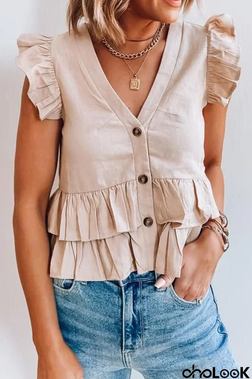 Button Ruffles V Neck Blouse