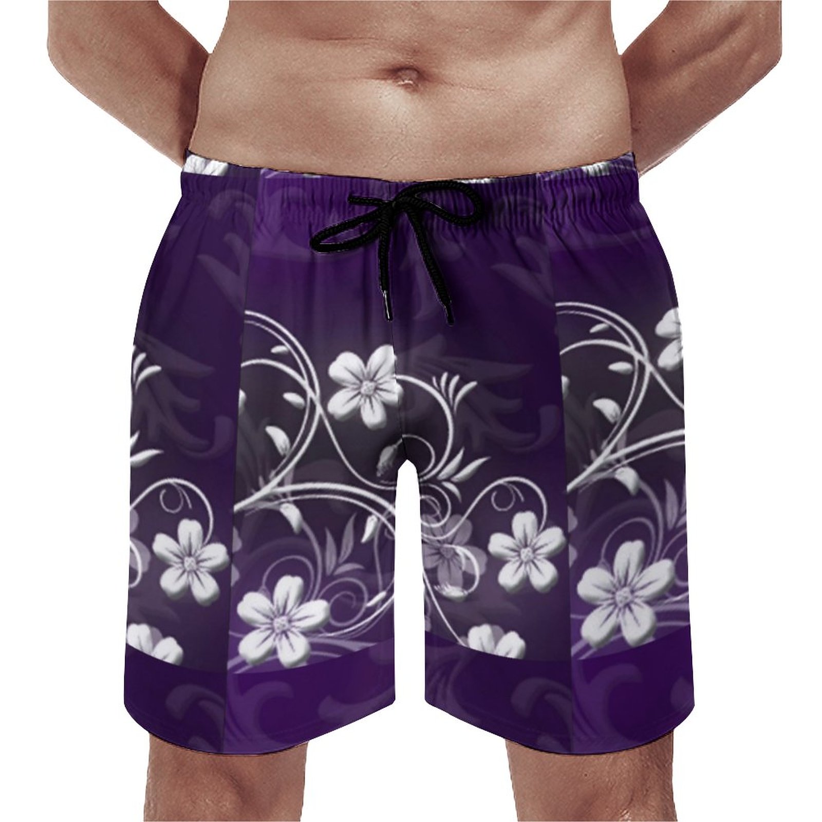Purple Flower Print Waveline Design Elegant Men's Swim Trunks Summer Board Shorts Quick Dry Beach Short with Pockets