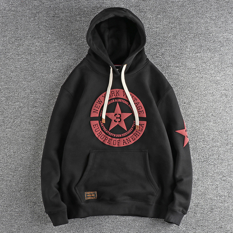 Retro Heavyweight Velvet Five-Pointed Star Hooded Sweatshirt