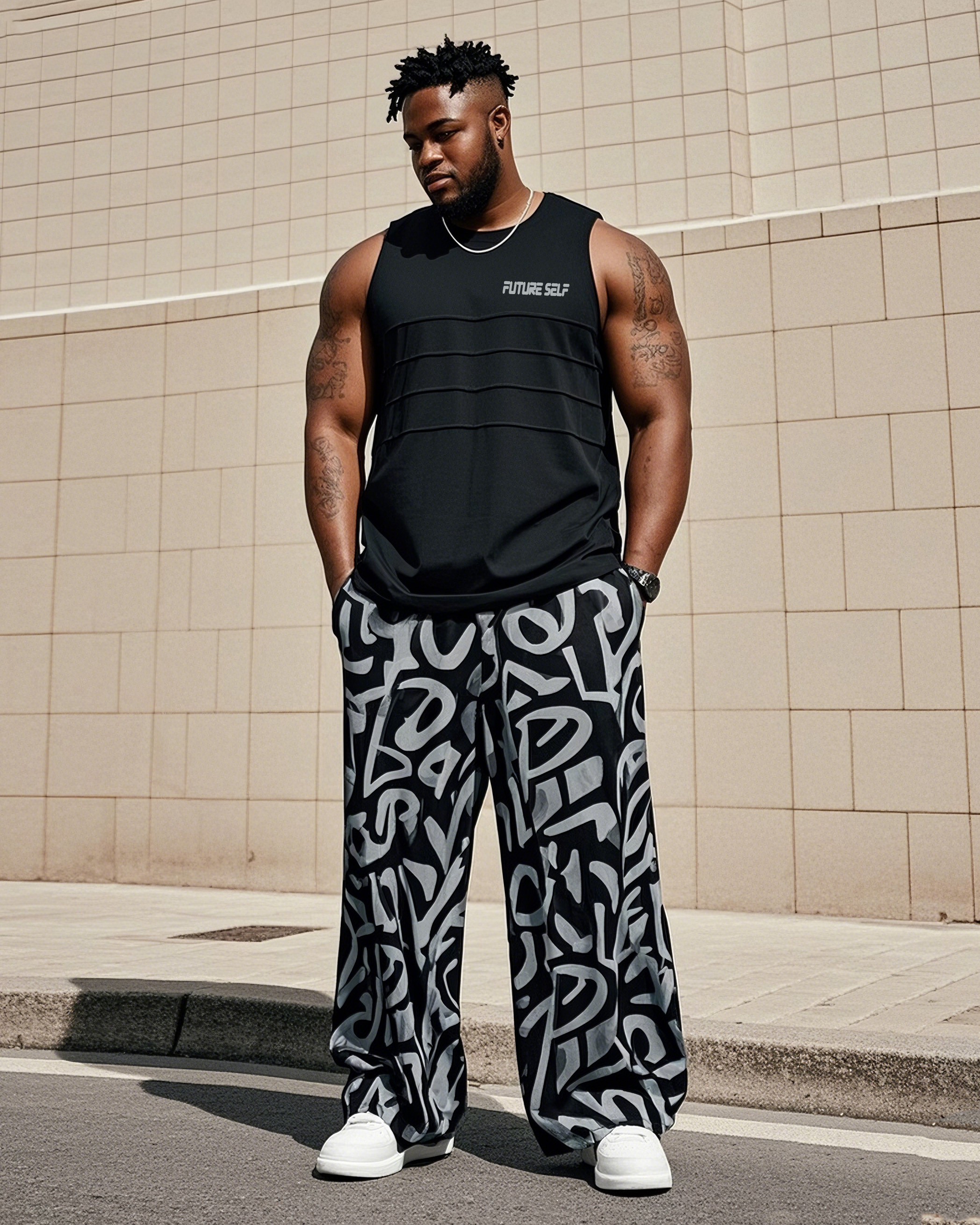 Men's Plus Size Street Fashion Creative English Vest Trousers Suit