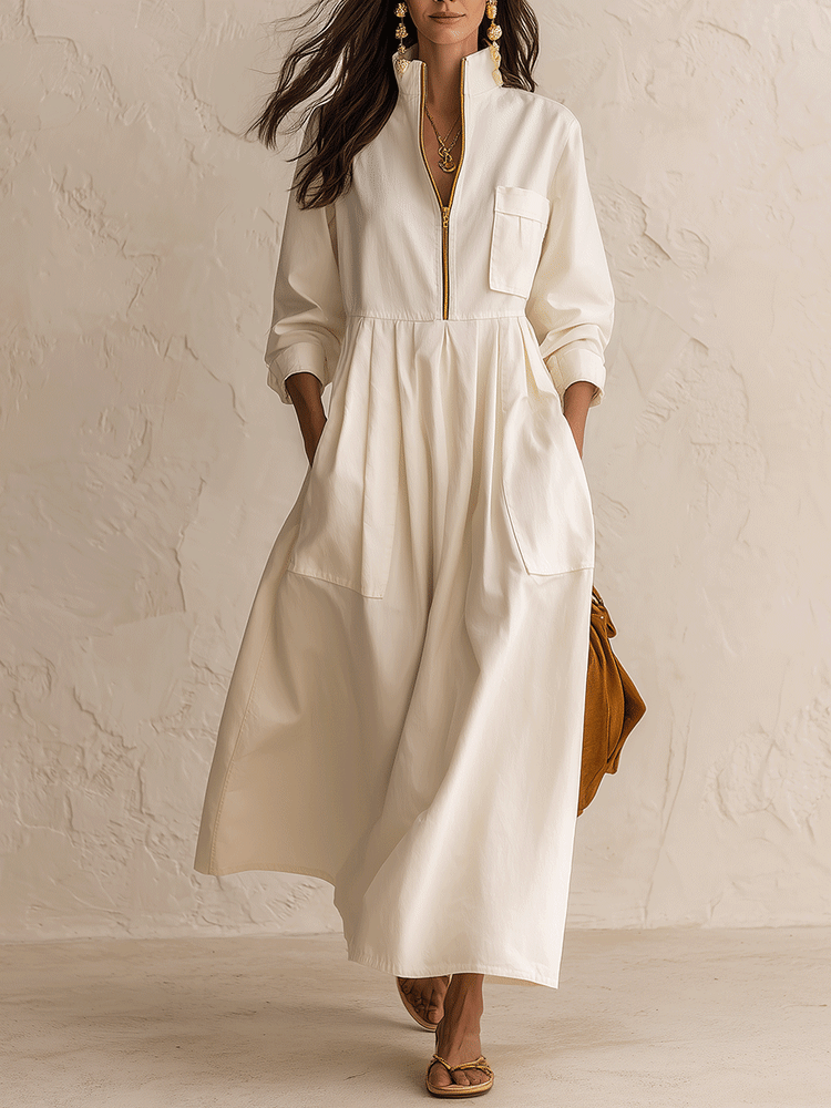 Women's Half-Zip Stand Collar Long Sleeve Pockets Maxi Dress
