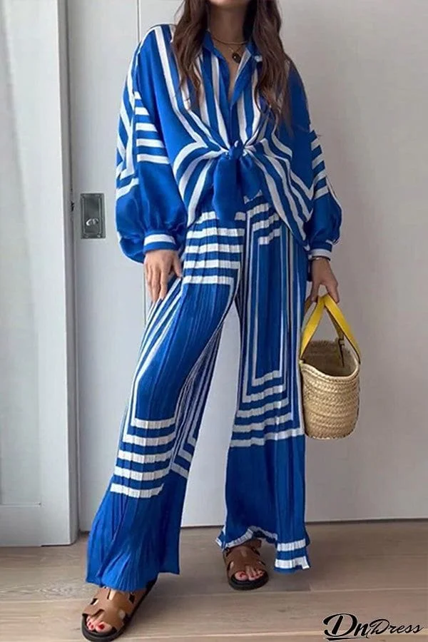 Casual Striped Print Patchwork V Neck Long Sleeve Two Pieces