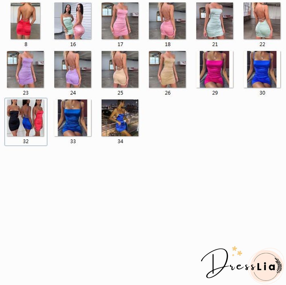 Spaghetti Strap Mini Satin Dress Women Sexy Backless Cross Bandage Bodycon Party Dress Pleated Stretch Short Suit Club Dress