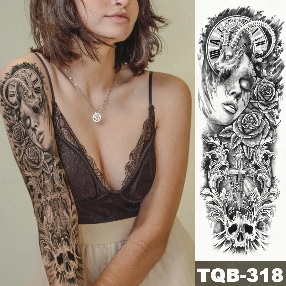 Sdrawing Arm Waterproof Traditional Temporary Tattoo Stickers Women Men Black Line Flowers Koi Crane Thigh Body Art Fake Tattoos