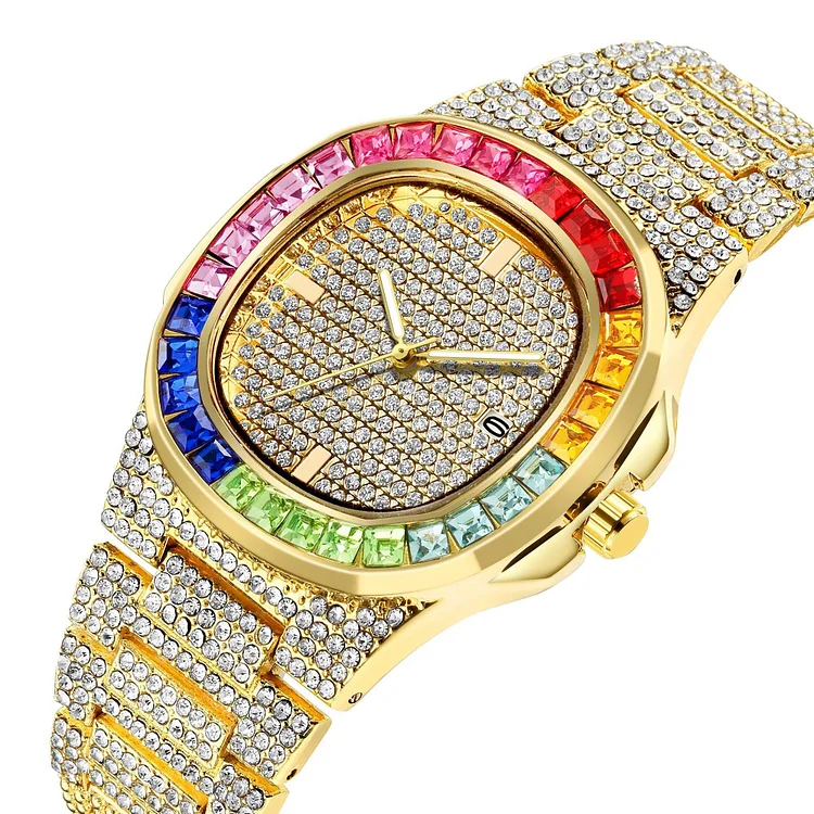 Rainbow Hiphop Jewelry Iced Out Men Watch-VESSFUL
