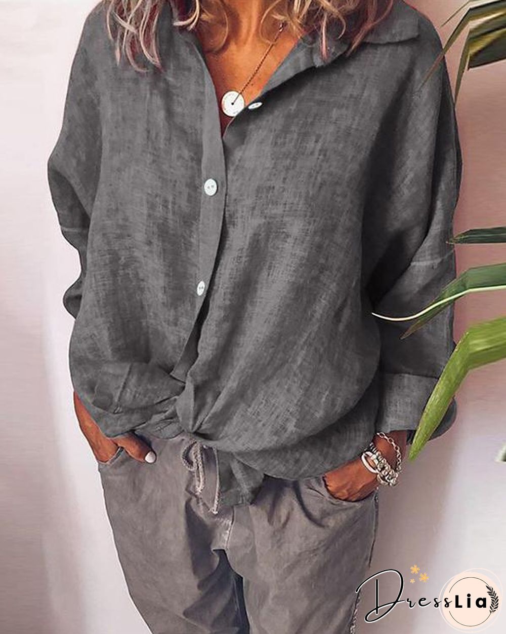 Women's Lapel Cardigan Two-tone Cotton Single-breasted Long Sleeve Shirt