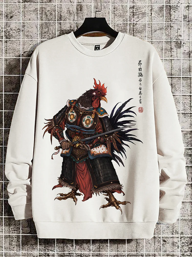 Men's Rooster Samurai Illustration Print Cotton Casual Sweatshirt
