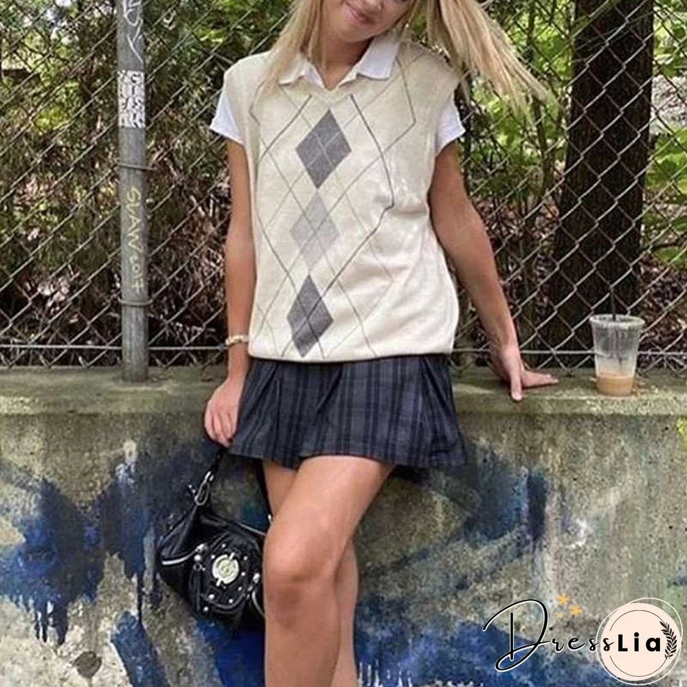 Checkered Cropped Knitted Tank Argyle Sleeveless Jumper