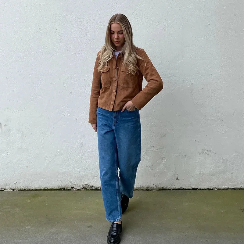 Nigikala Nigikala New INS Style Retro Style Simple Collar Pocket Deer-Skin Jacket