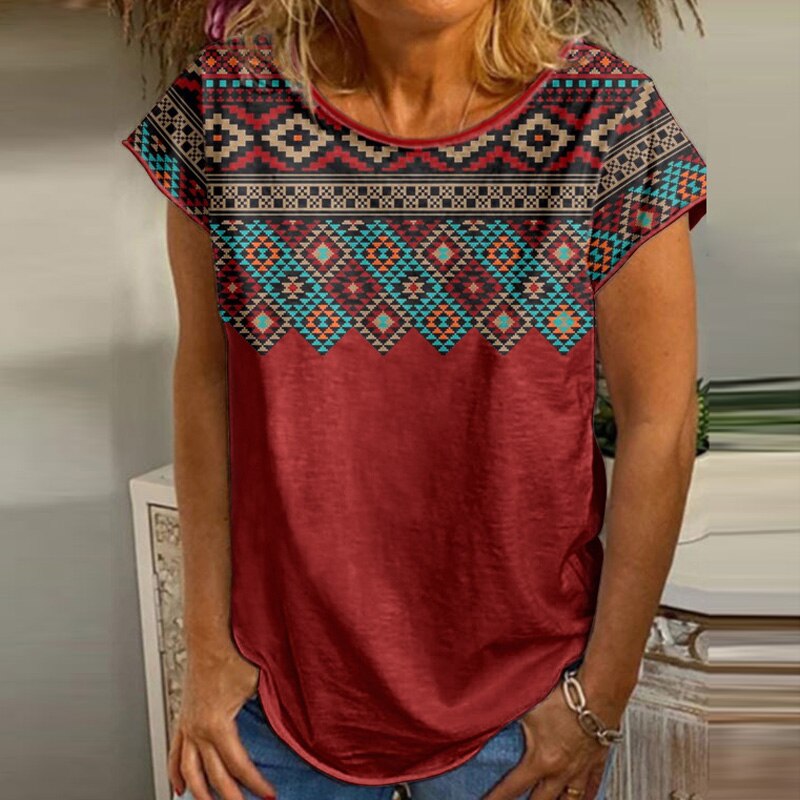 Elegant Pattern Print Loose Pullover T-shirts