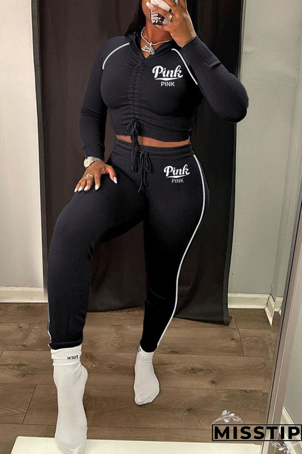 Black Casual Print Patchwork Draw String Fold Hooded Collar Long Sleeve Two Pieces