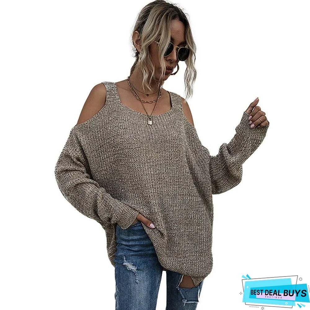 Solid Knit Square Neck Loose Off Shoulder Bottomed Sweater Women's Long Sleeve