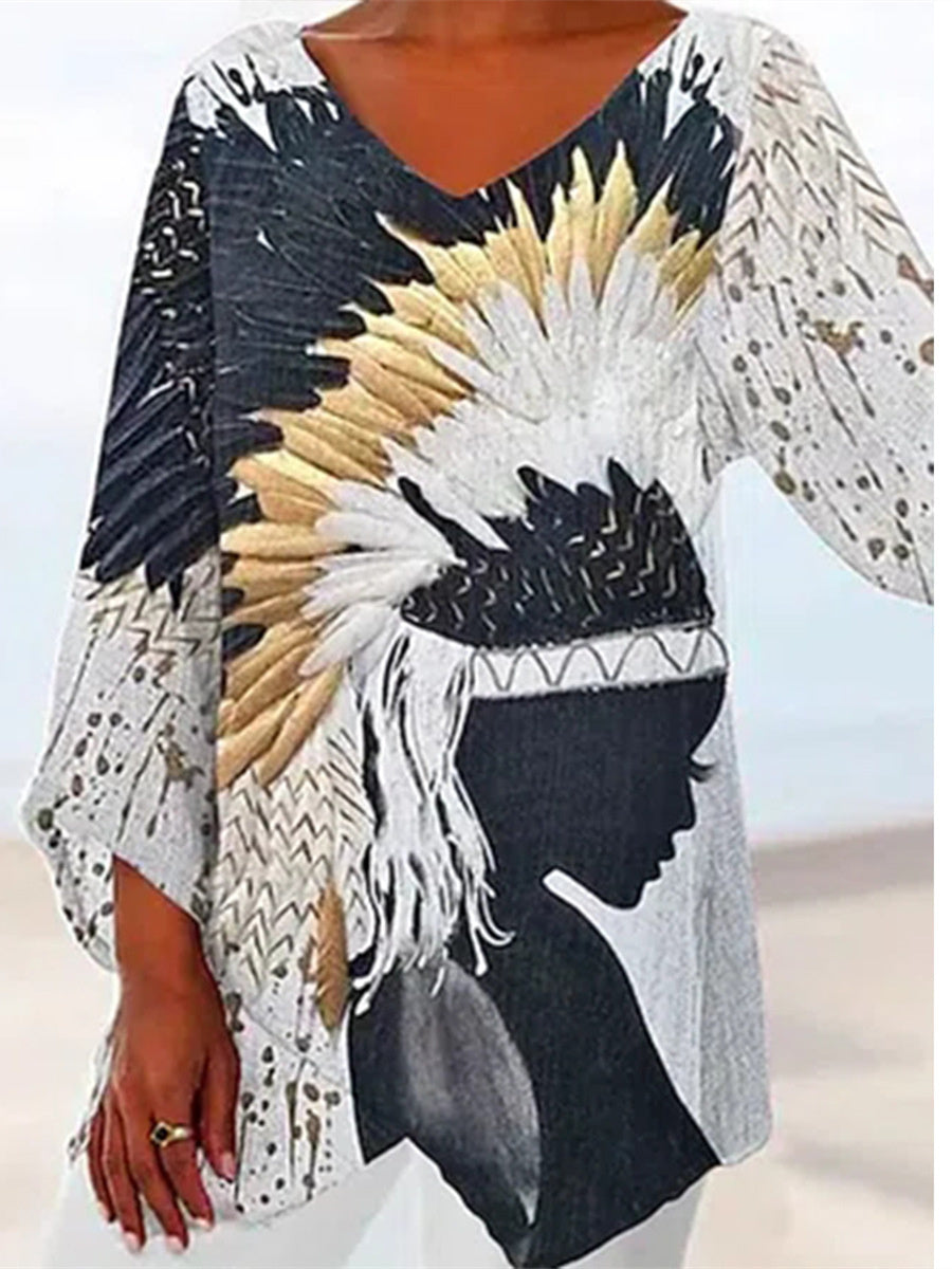 Women Long Sleeve V-neck Graphic Floral Printed Top