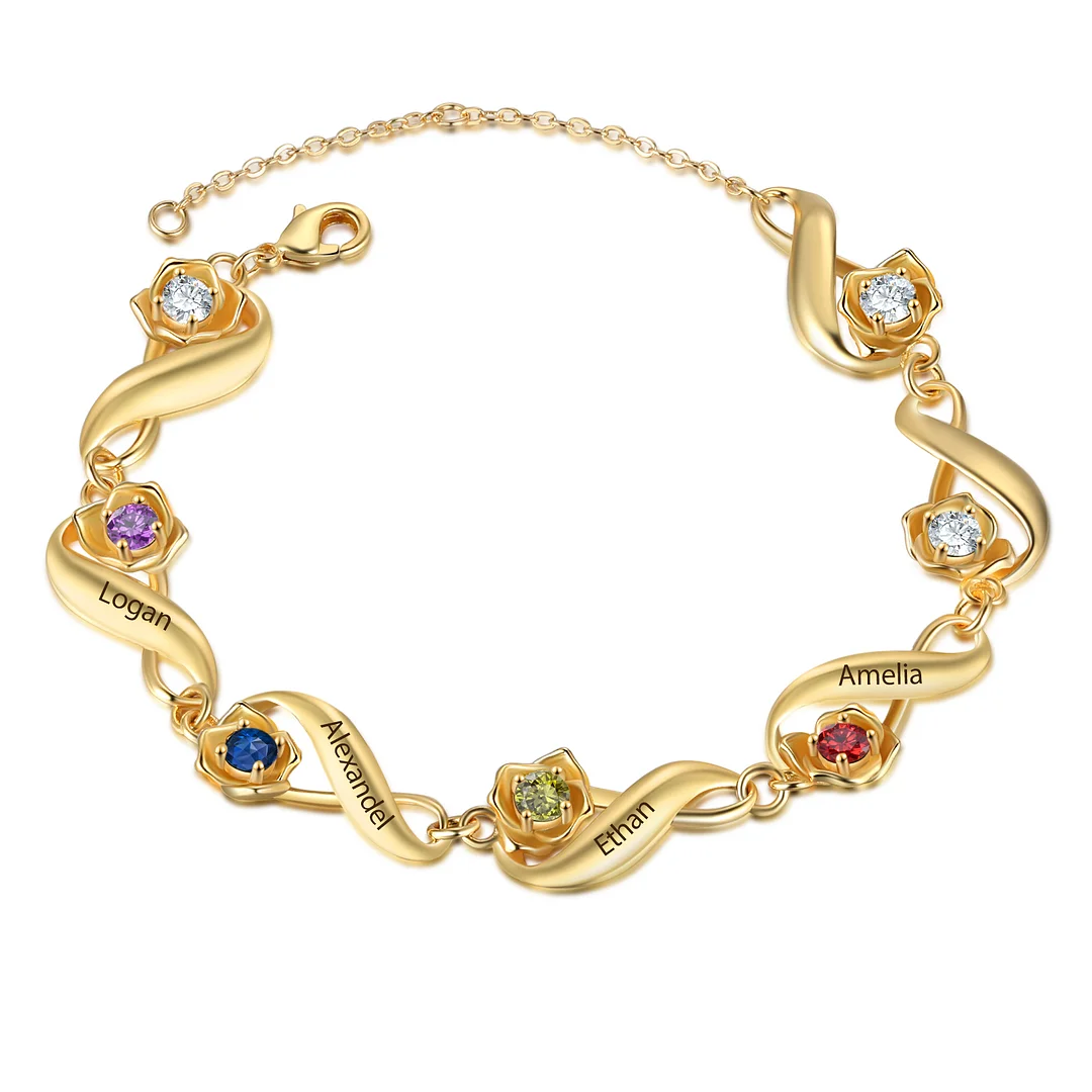 Infinity Rose Bracelet In Gold Custom 4 Birthstones and Names Women Bracelet