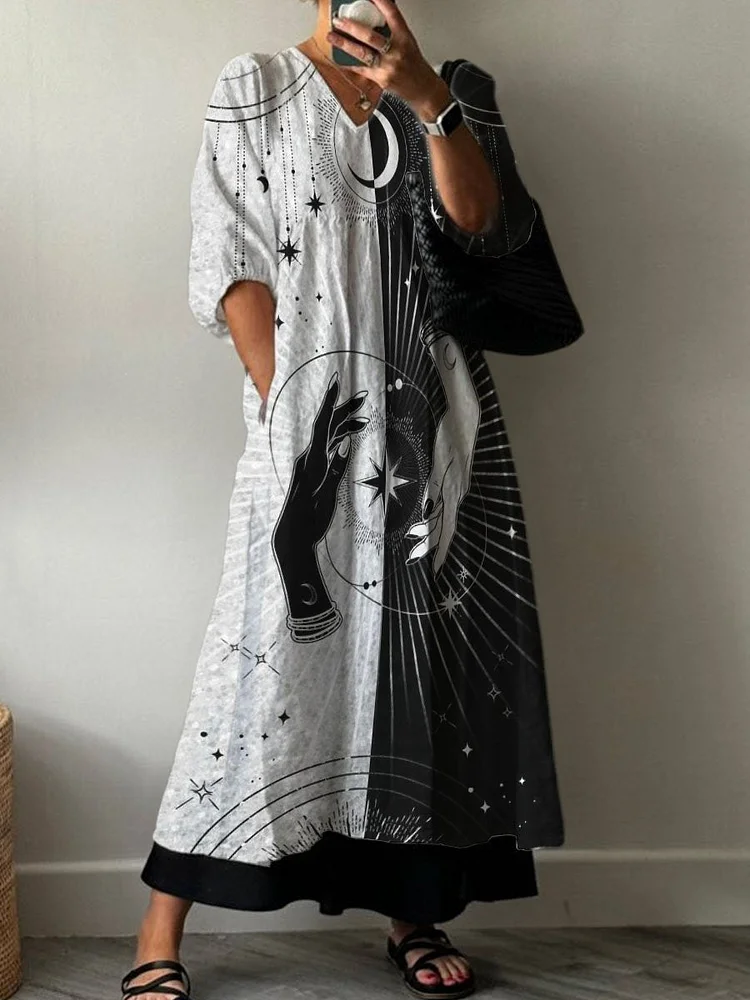 Occult Black and White Hands Decorative Pattern Pocket V-neck Cotton Dress