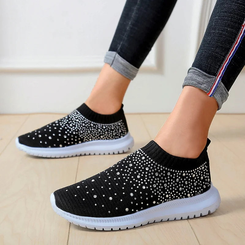 Breakj Breakj Large-Size With Diamond Flying Sneakers New Net Shoes Women's Shoes Low-Heeled Mesh Sports Casual Shoes