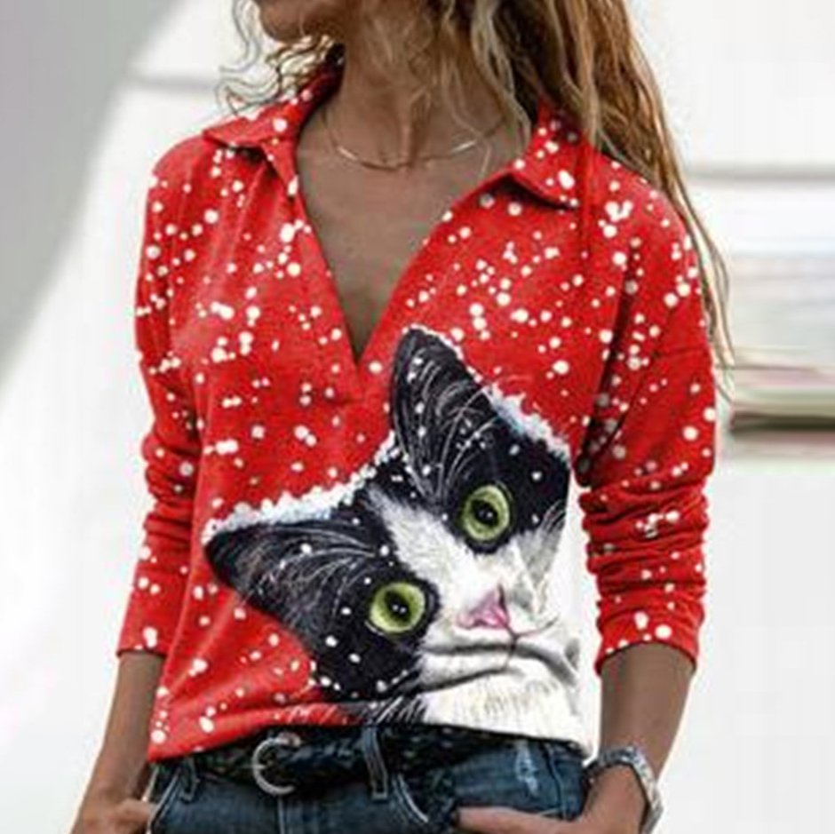 Fashion Cat Patterns Red Christmas Blouse