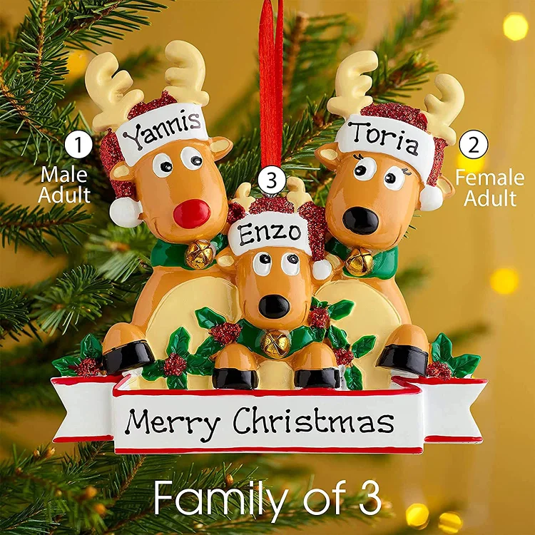 Ornement de sapin de Noël personnalisé avec 3 rennes Cerf mignon dans un chapeau de père Noël à paillettes