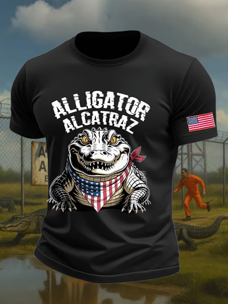 Comstylish Men's Retro Alligator Alcatraz Funny Florida Everglades Dark Humor Short Sleeve Tee