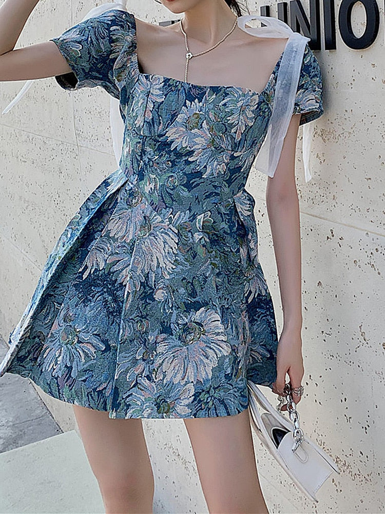 LANFUBEISI Fairy Dress Spring Floral Mini Dress 2022 Spring  Puff Sleeve High Waist Korean A- line Femme Vintage Short Sleeve Party Dress Women Chic LANFUBEISI