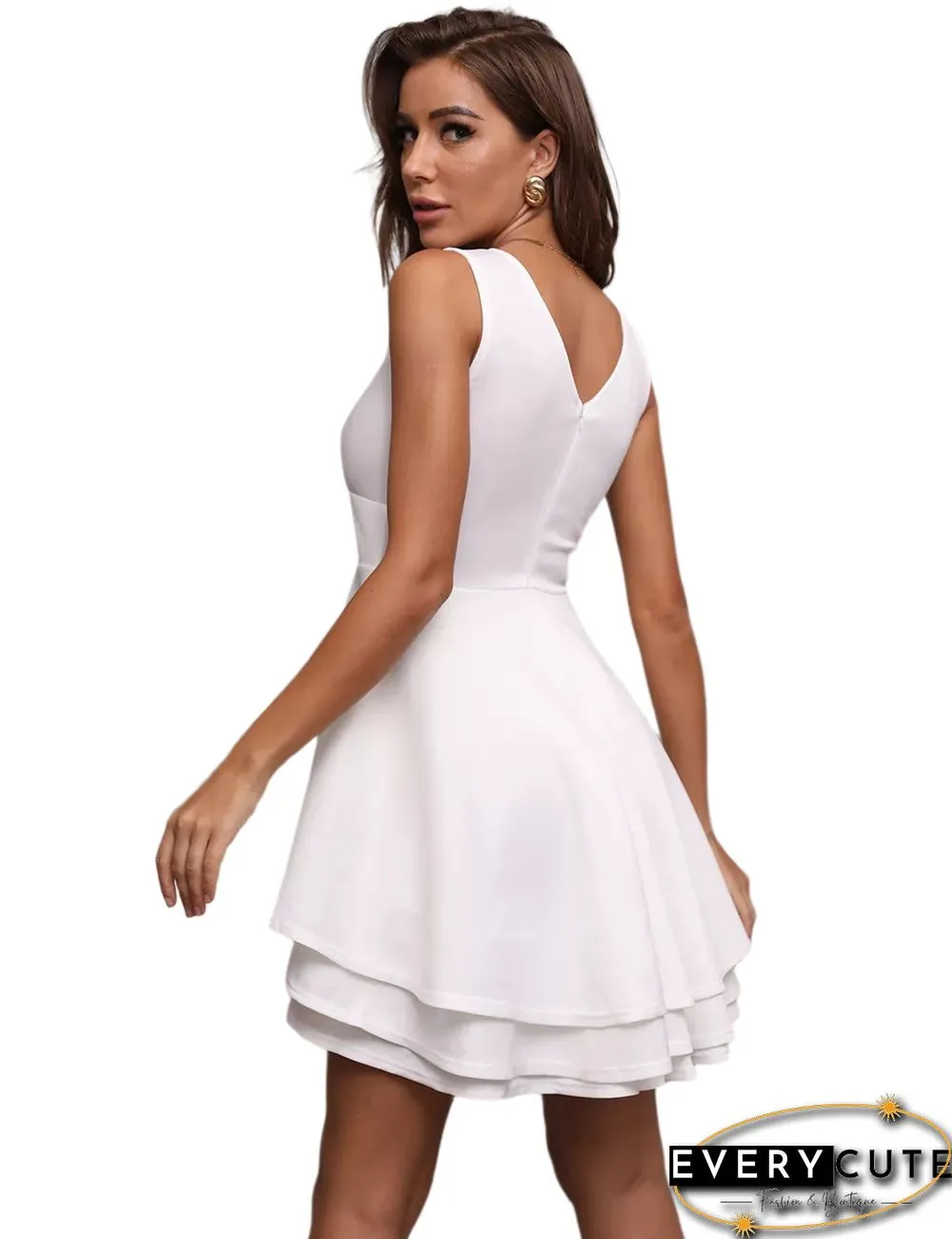 White Layered V Neck Sleeveless Evening Dress