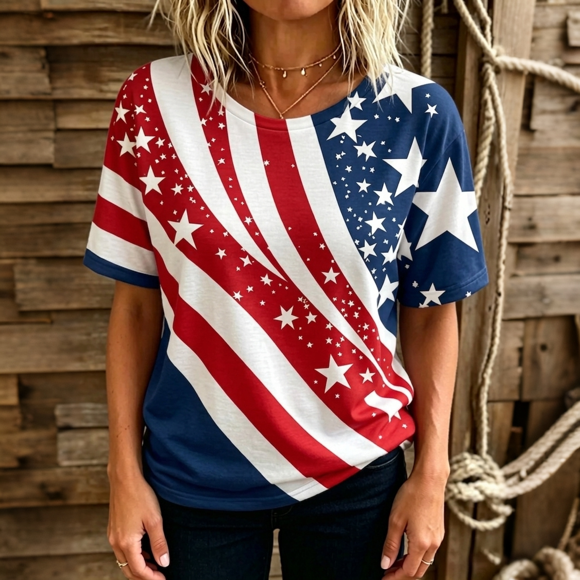  Women's Vintage Flag Wave Art Print Tshirt Westsshops