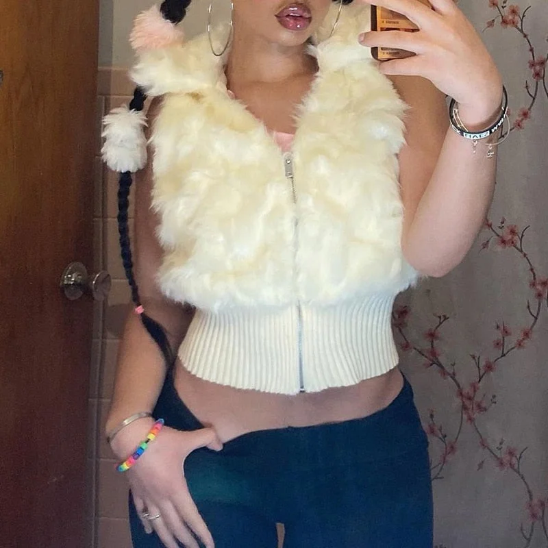 Rapcopter y2k Feathers Cropped Jackets Kawaii Aesthetic Zipper Tank Tops Warm Retro White Coat Women Grunge Fairycore Outerwear