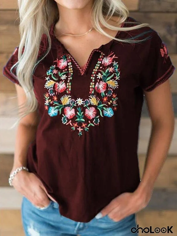 Women's T-Shirts Vintage Embroidered V-Neck Short Sleeve T-Shirt