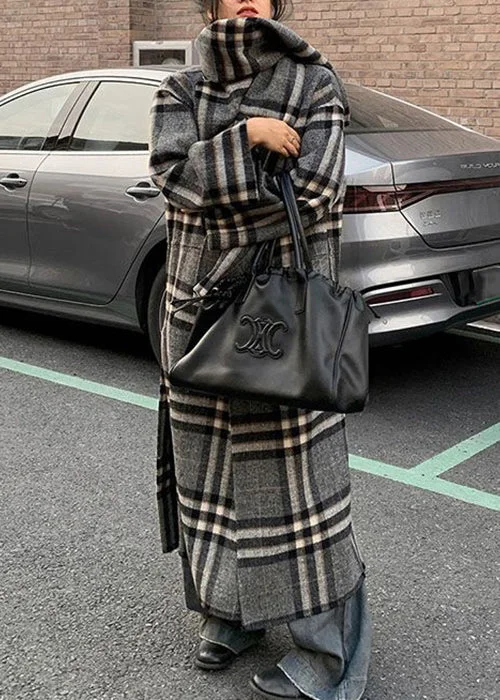 Loose Grey Plaid Patchwork Scarf And Coat Two Pieces Set Long Sleeve