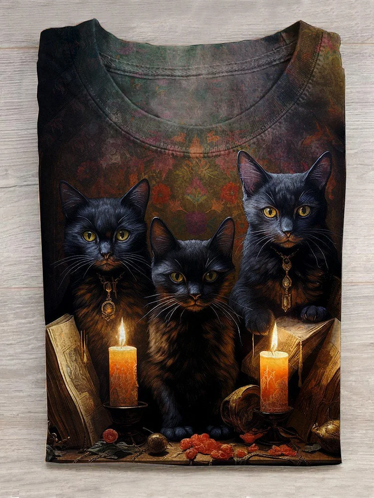Unisex Halloween Cat Print Casual T-Shirt