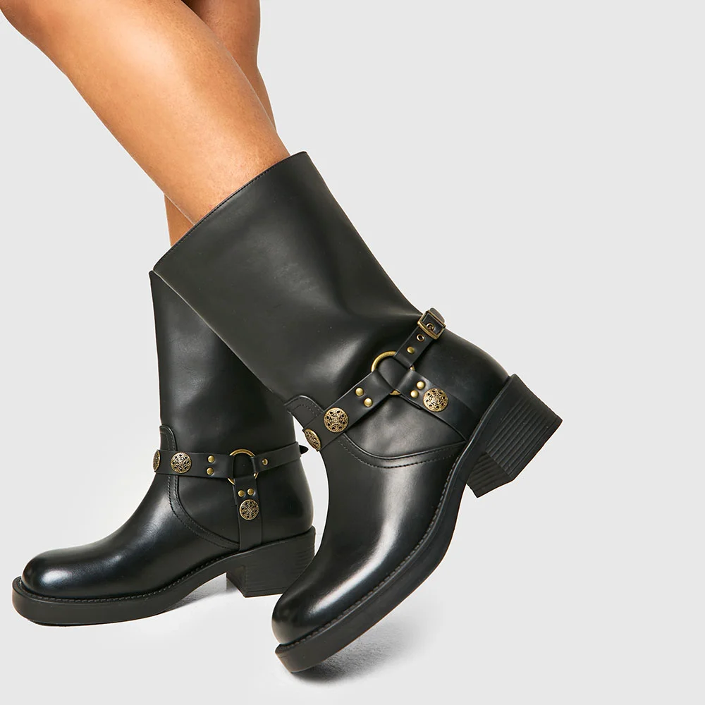 Black Square Toe Studded Block Heel Mid Calf Boots for Women