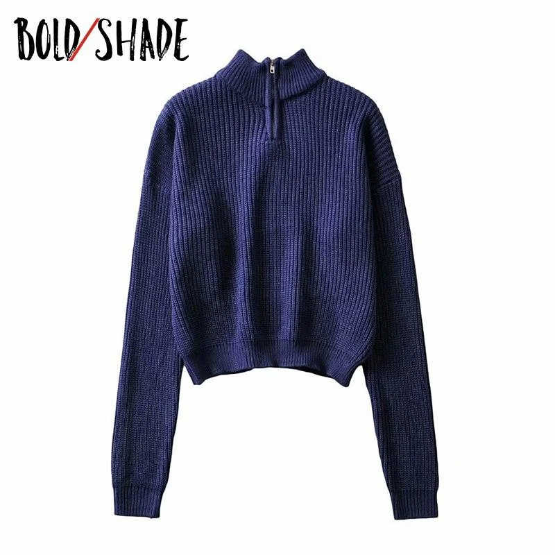 Bold Shade 90s Fashion Grunge Sweater Mock Neck Zipper Knit Pullovers Women Streetwear Solid Sweaters Fall Winter Indie Outfits