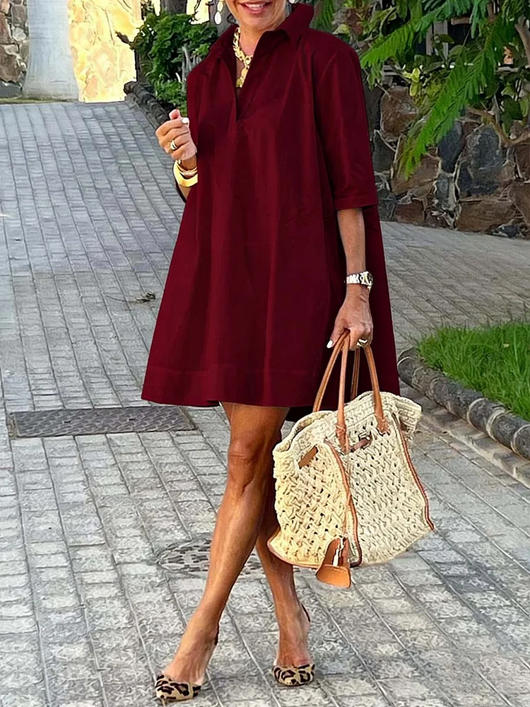 Women's V-neck 3/4-sleeve Casual Loose Cotton Dress