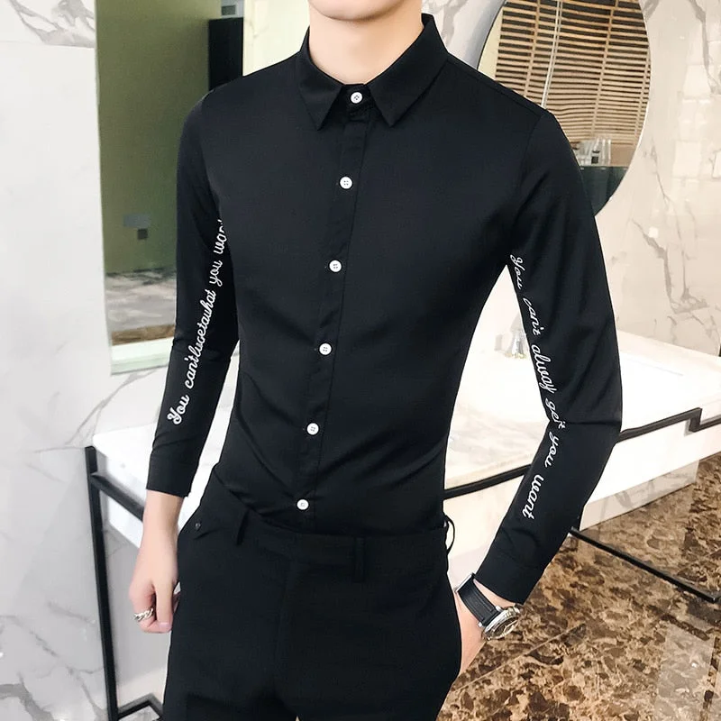 Hot Sale Men Solid Shirt High Quality Letter Embroidery Long Sleeved Men's Shirts Casual Slim Fit Night Club/Party Dress Shirts