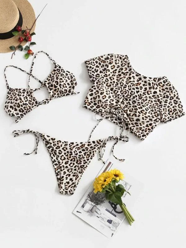 Leopard Print Hollow Bandage Split Bikini Swimsuit+Tops