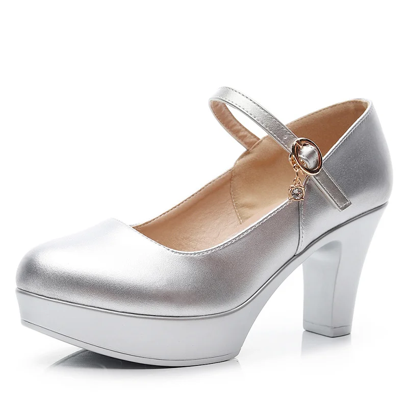 Breakj Breakj Head Buckle Waterproof Table 8CM High Heel Women's Shoes Thick-Soled Model Show Shoes Coarse Heel Work Shoes Silver Single Shoes