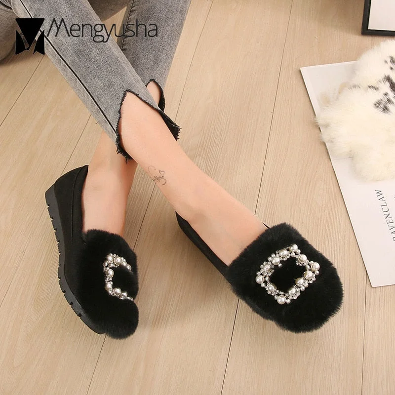 Real Rabbit Fur Shoes Woman Winter Plush Cotton Flats String Beaded Buckle Loafers Ladies Plus Size Moccasins Fleeces Snow Shoes