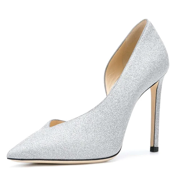 Women's Silver Pointy Toe Stiletto Heels Glitter Shoes |FSJ Shoes