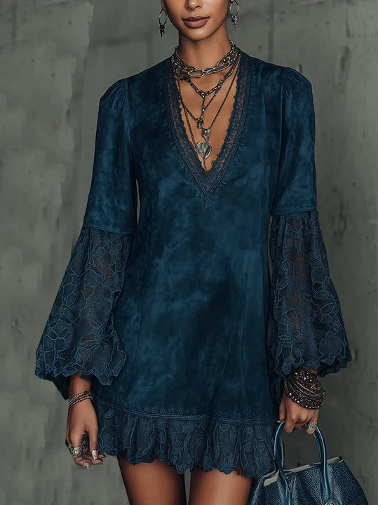 Faux Suede Flared Sleeve Lace Mini Dress