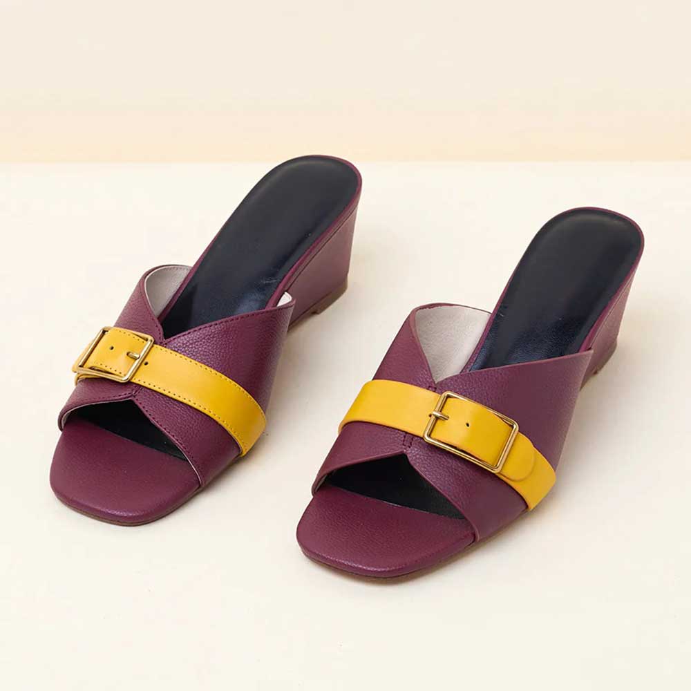Maroon Square Toe Mid Heel Front Buckle Decor Slip On Wedge Sandals Nicepairs