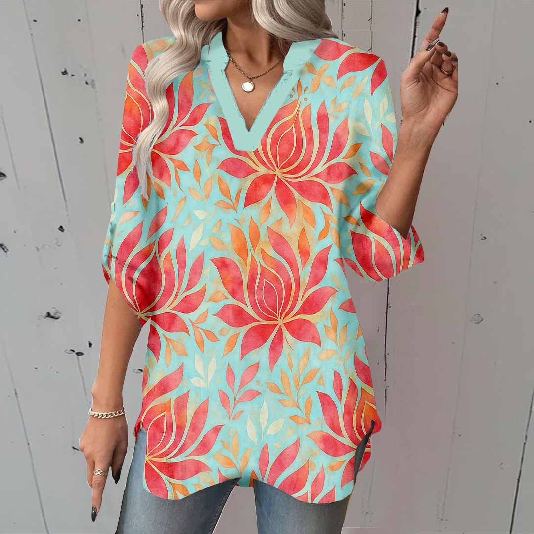 Women Tropical,Red,Green DZGA0265 3/4 Sleeve V-neck Printed Graphic Button Tops
