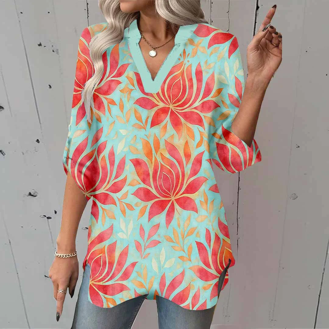 Women Tropical,Red,Green DZGA0265 3/4 Sleeve V-neck Printed Graphic Button Tops