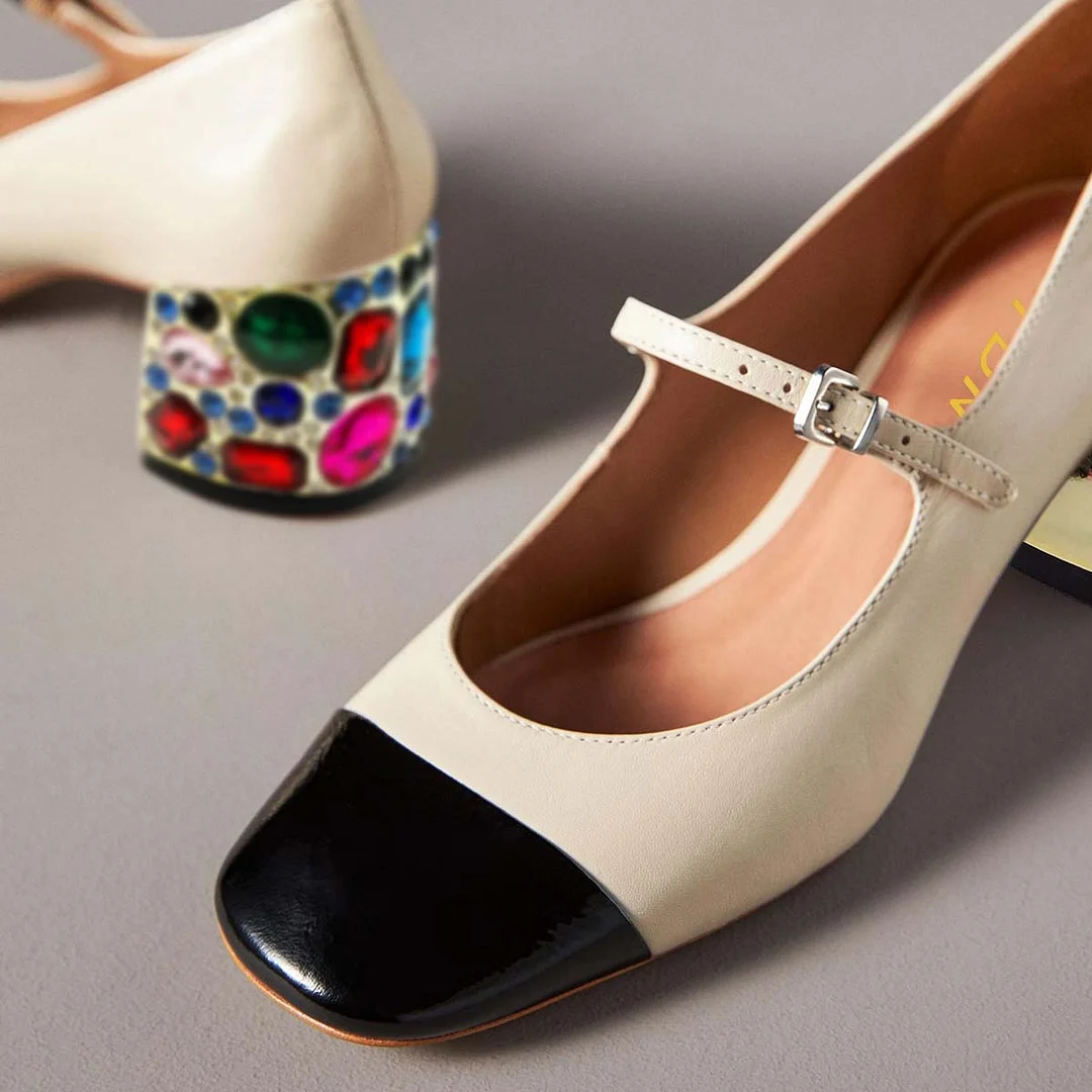 Ivory Vegan Leather Square Toe Decorative Heel Mary Janes for Women