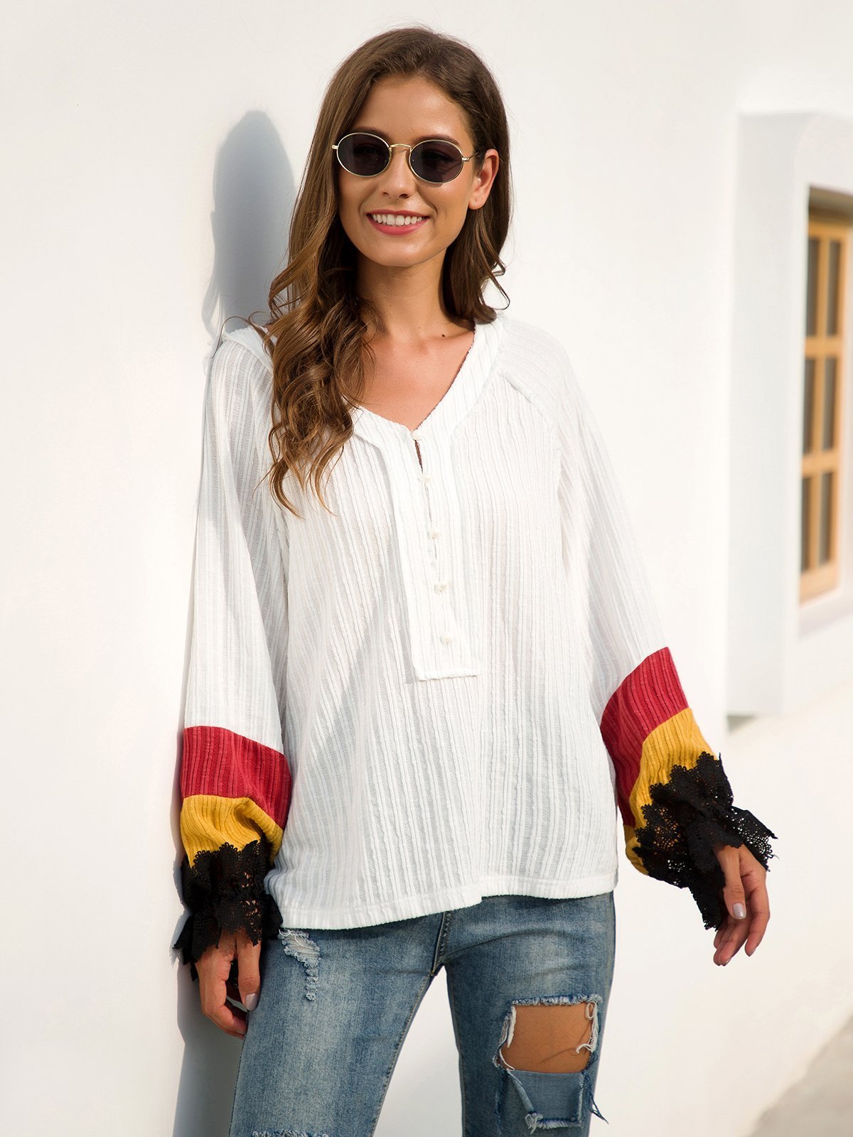 Casual V Neck Long Sleeve Beaded Shift Sweaters