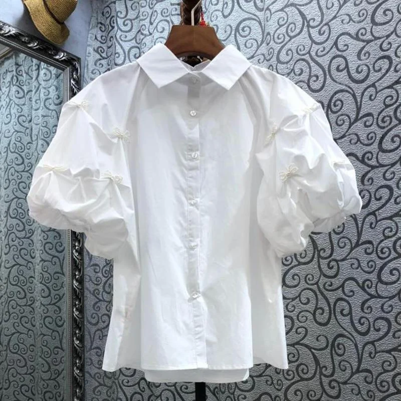 TWOTWINSTYLE White Patchwork Bow Shirt For Women Lapel Puff Sleeve Casual Elegant Blouse Female Fashion New Clothing Summer