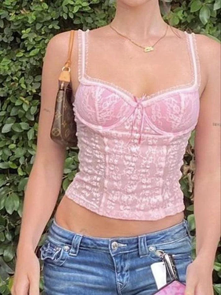 Pink Lace Crop Vest Tank Top