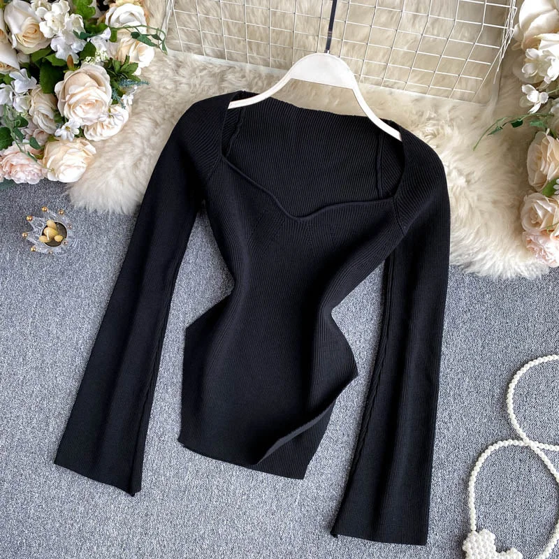 Croysier Knitted Sweater Pullover Square Neck Tops Women 2021 Fashion Women Clothing Long Sleeve Top Woman Sweaters Pullovers