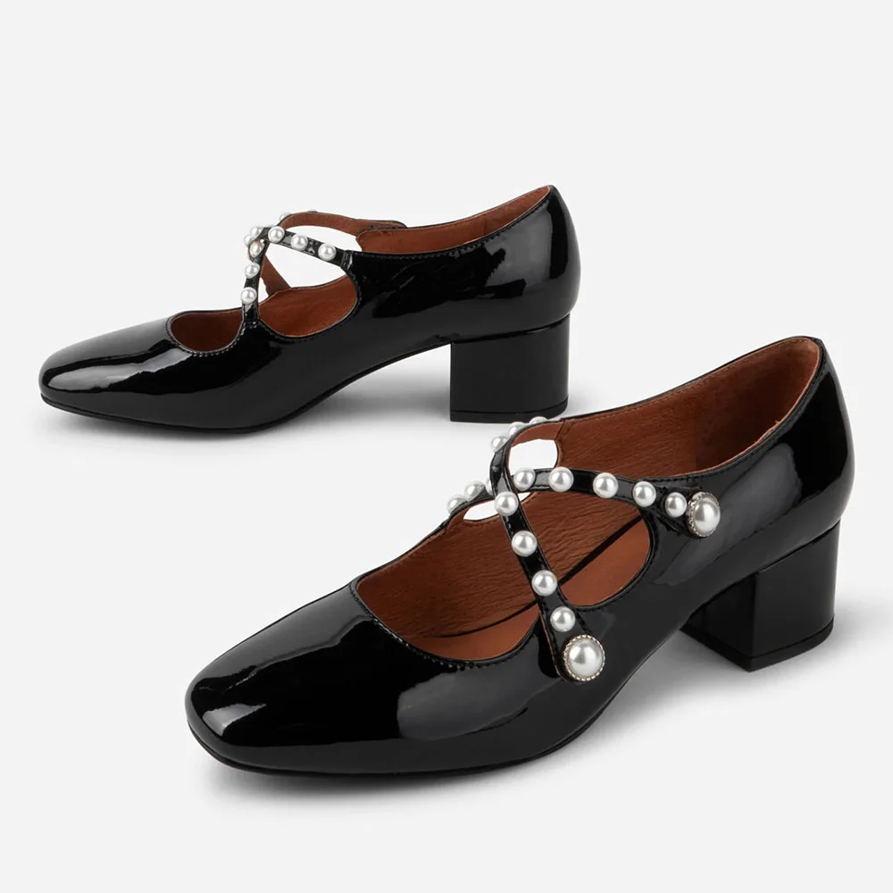 Square Toe Block Heel Pearl Cross Strap Black Pumps for Women