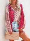 Floral Print V-Neck Long Sleeve Loose Casual T-Shirt Top